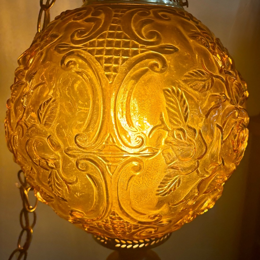 Amber Embossed Glass Hanging Lantern - Brand Unknown